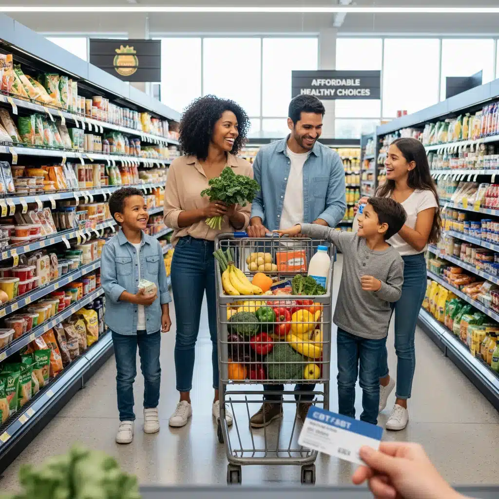 Family shopping with EBT card for healthy groceries