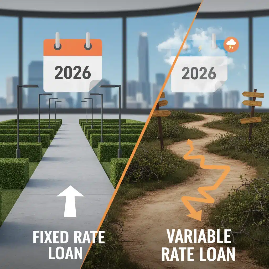 Fixed vs Variable Rate Loans 2026: A visual comparison of stability and unpredictability in personal finance.