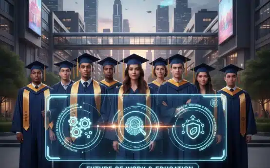Diverse graduates looking at a futuristic digital interface with skill icons.