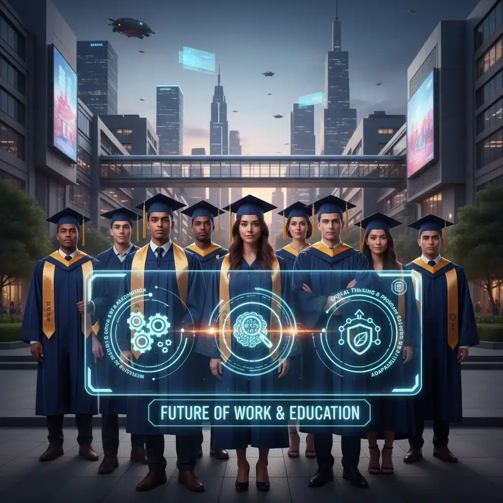 Diverse graduates looking at a futuristic digital interface with skill icons.