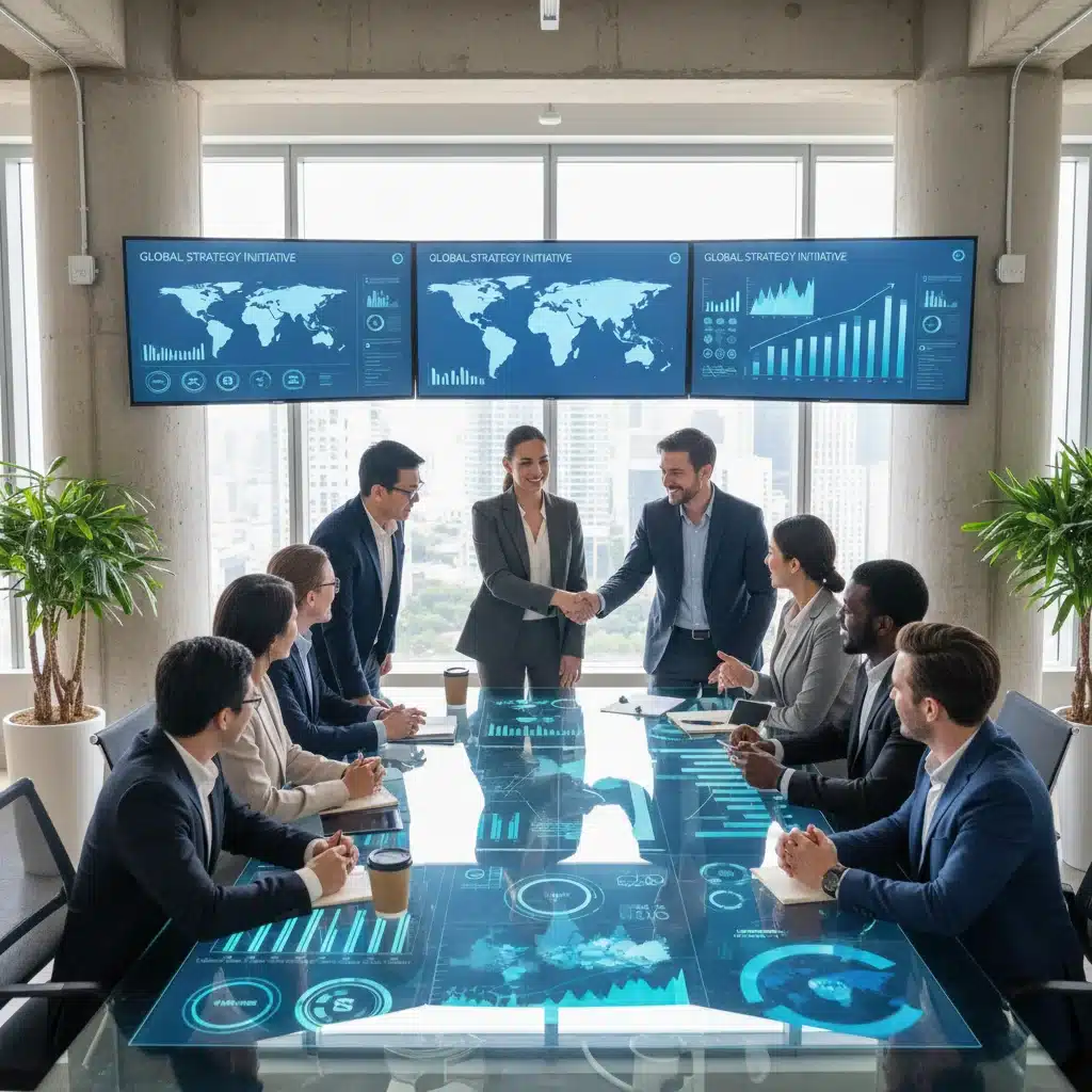 Business professionals discussing global market strategies and competitive landscapes.