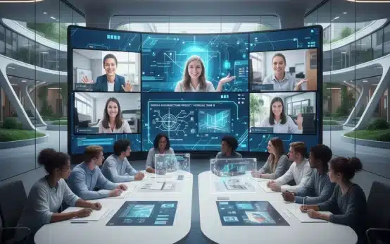 Diverse university students engaged in a hybrid learning environment, blending in-person and virtual participation.