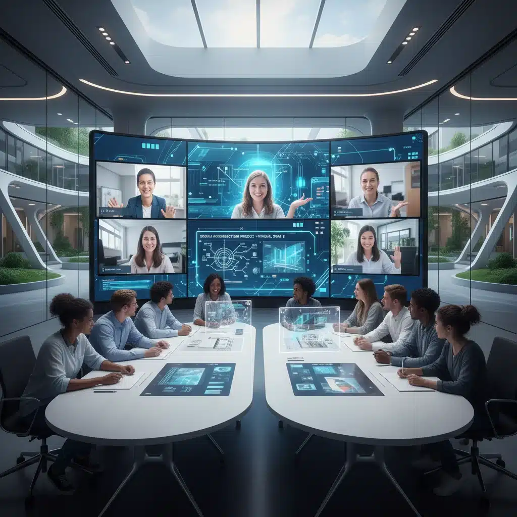Diverse university students engaged in a hybrid learning environment, blending in-person and virtual participation.