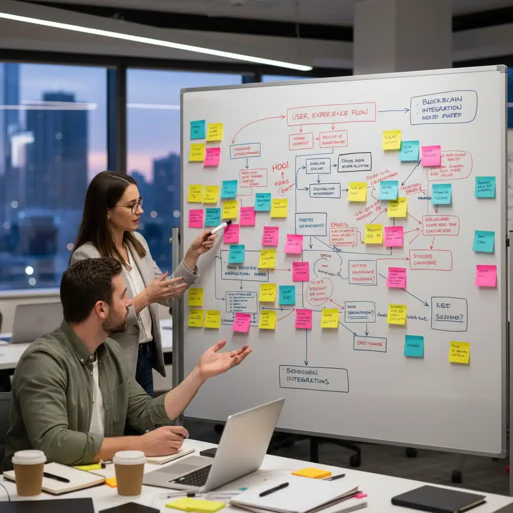 People brainstorming solutions on a whiteboard with sticky notes.
