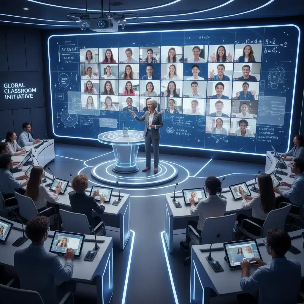 Professor teaching in a hybrid classroom, engaging both in-person and remote students.