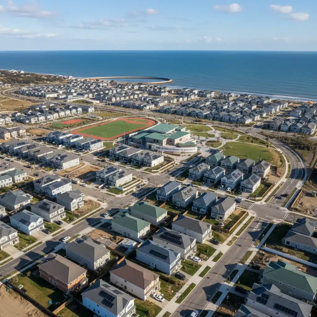 Aerial view of newly rebuilt homes in a storm-affected region, demonstrating successful reconstruction efforts facilitated by federal funding.