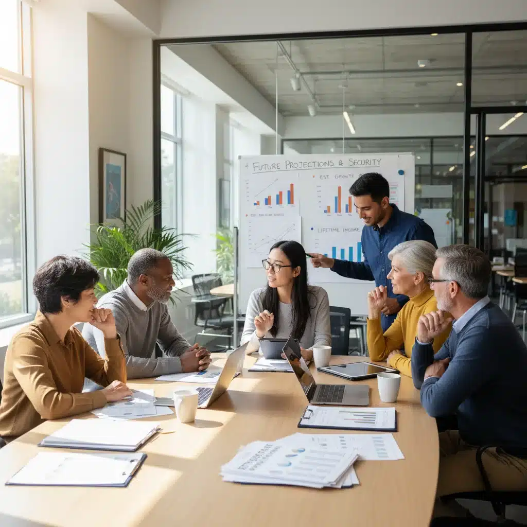 Group discussing long-term retirement planning strategies for 2026 with financial documents.