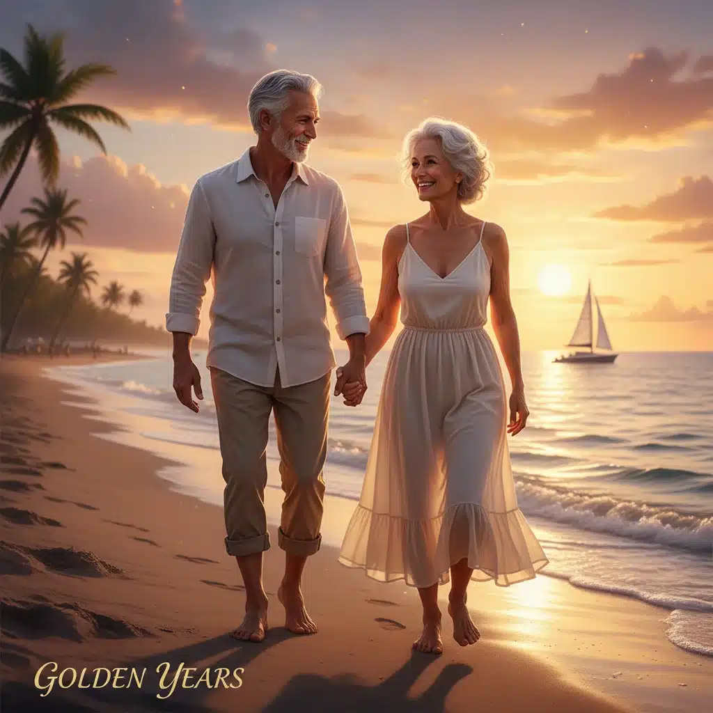 Happy retired couple enjoying life on a beach, symbolizing financial freedom.