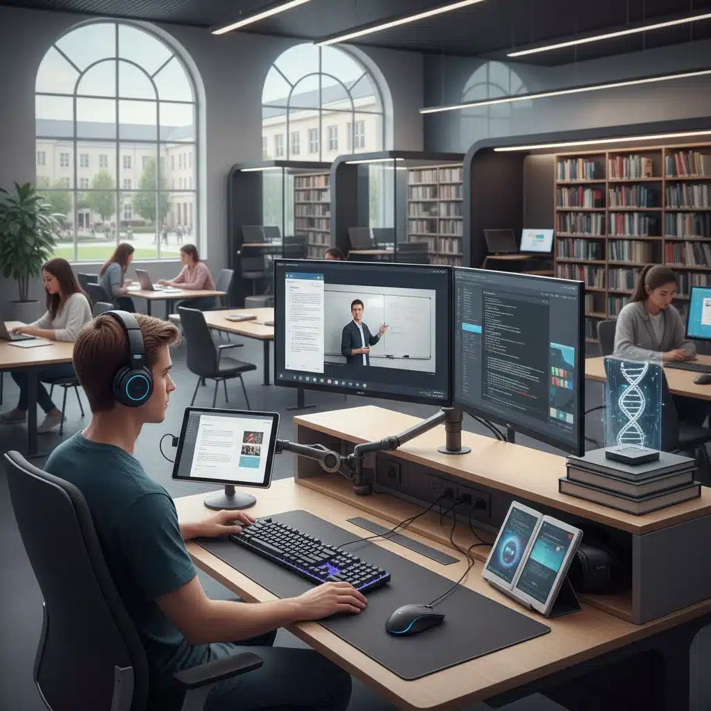 Student studying independently with digital tools in a modern university setting.