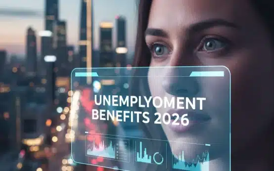 Person reviewing unemployment benefits information on a tablet with a city background.