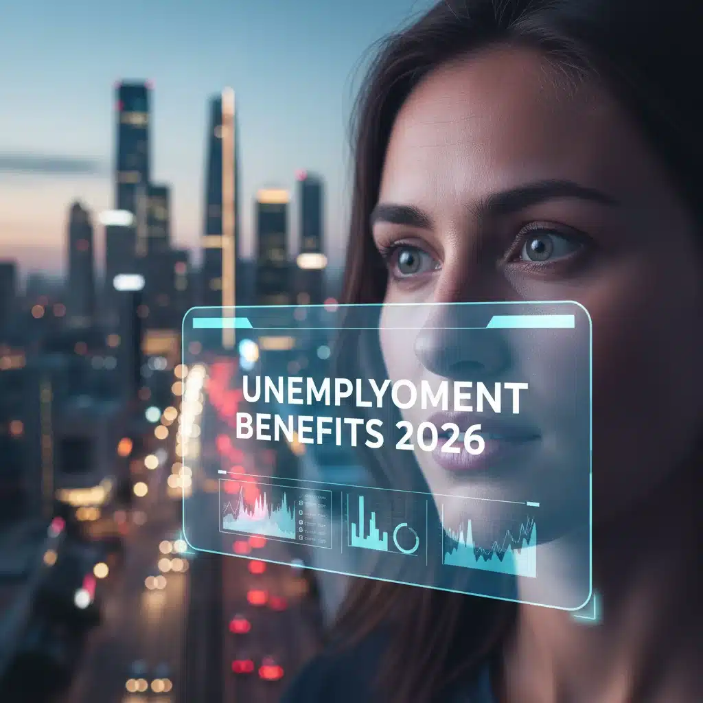 Person reviewing unemployment benefits information on a tablet with a city background.