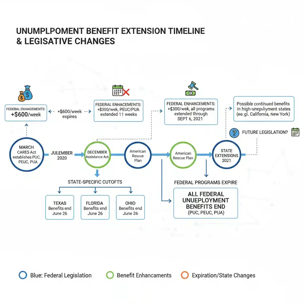 Infographic detailing unemployment benefit extension timelines and legislative changes.