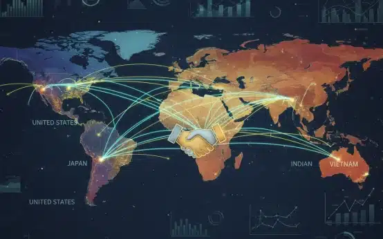 Digital map illustrating trade routes and economic connections between the US and Asian countries, symbolizing a new trade agreement.