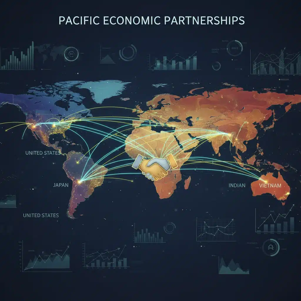 Digital map illustrating trade routes and economic connections between the US and Asian countries, symbolizing a new trade agreement.
