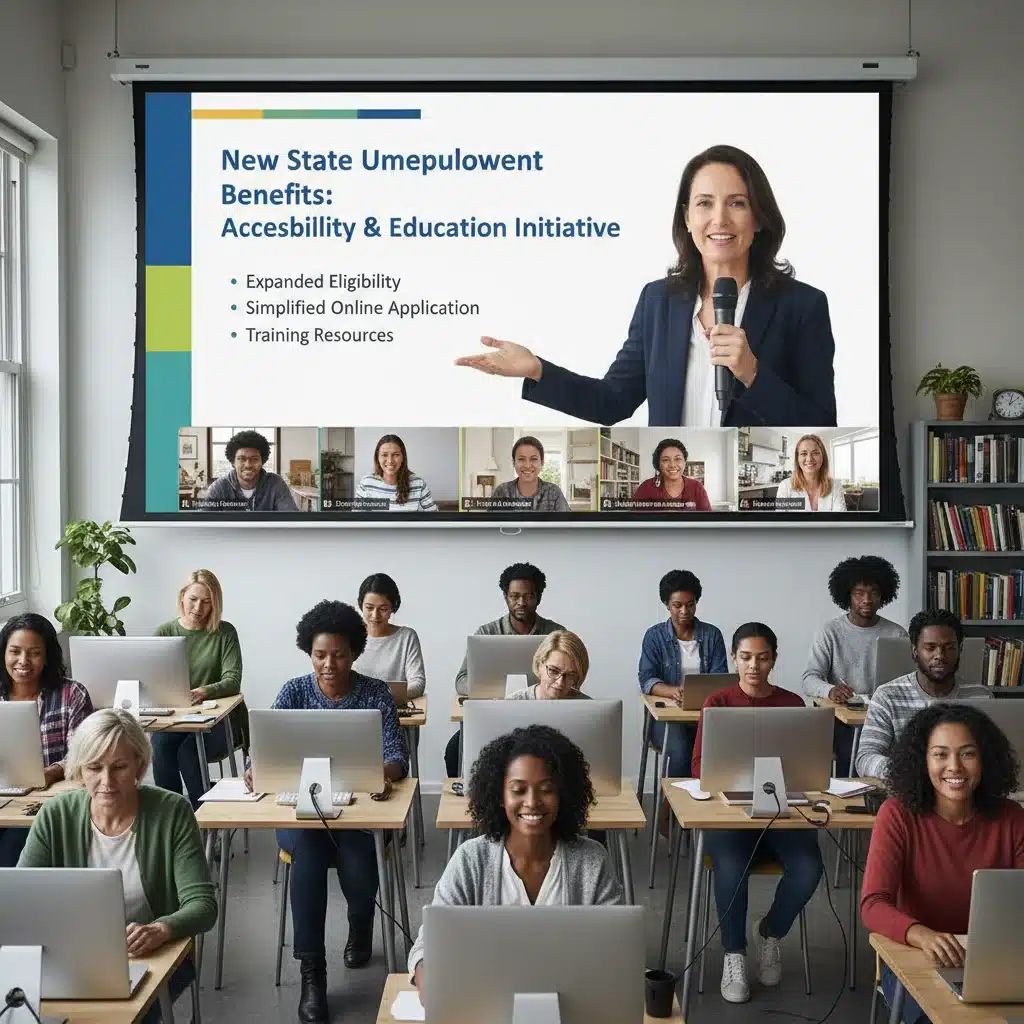 Diverse group in a virtual workshop learning about new unemployment benefit requirements.