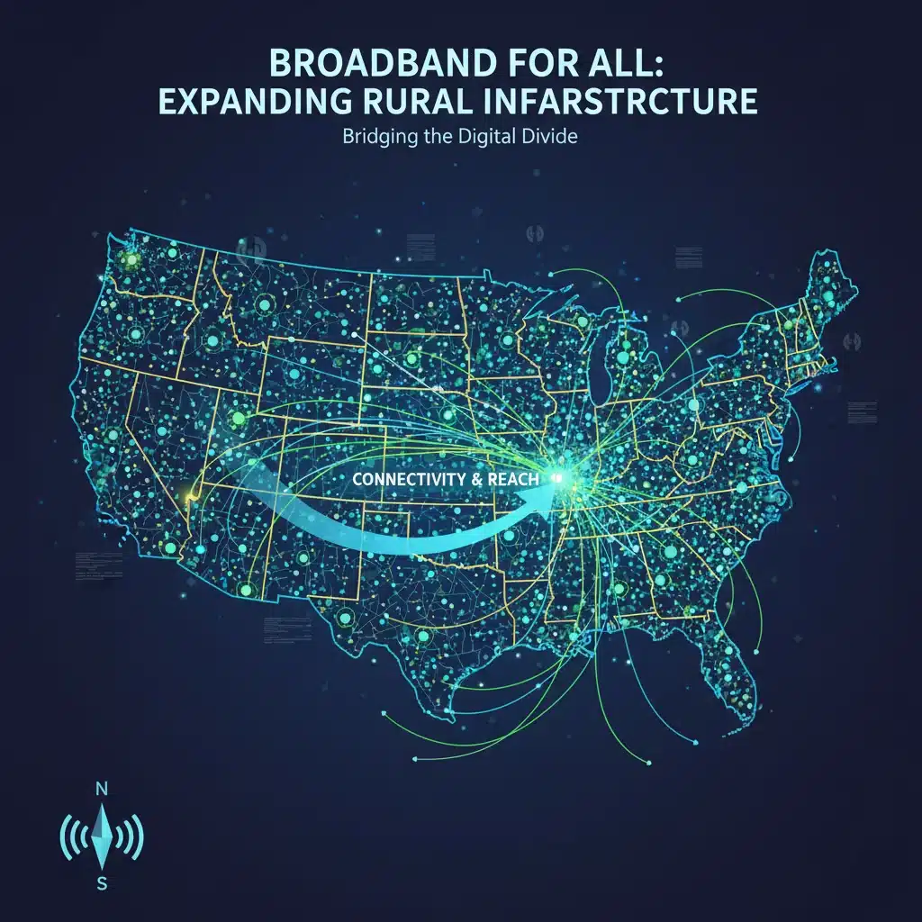 Map of U.S. illustrating broadband infrastructure expansion in underserved areas.