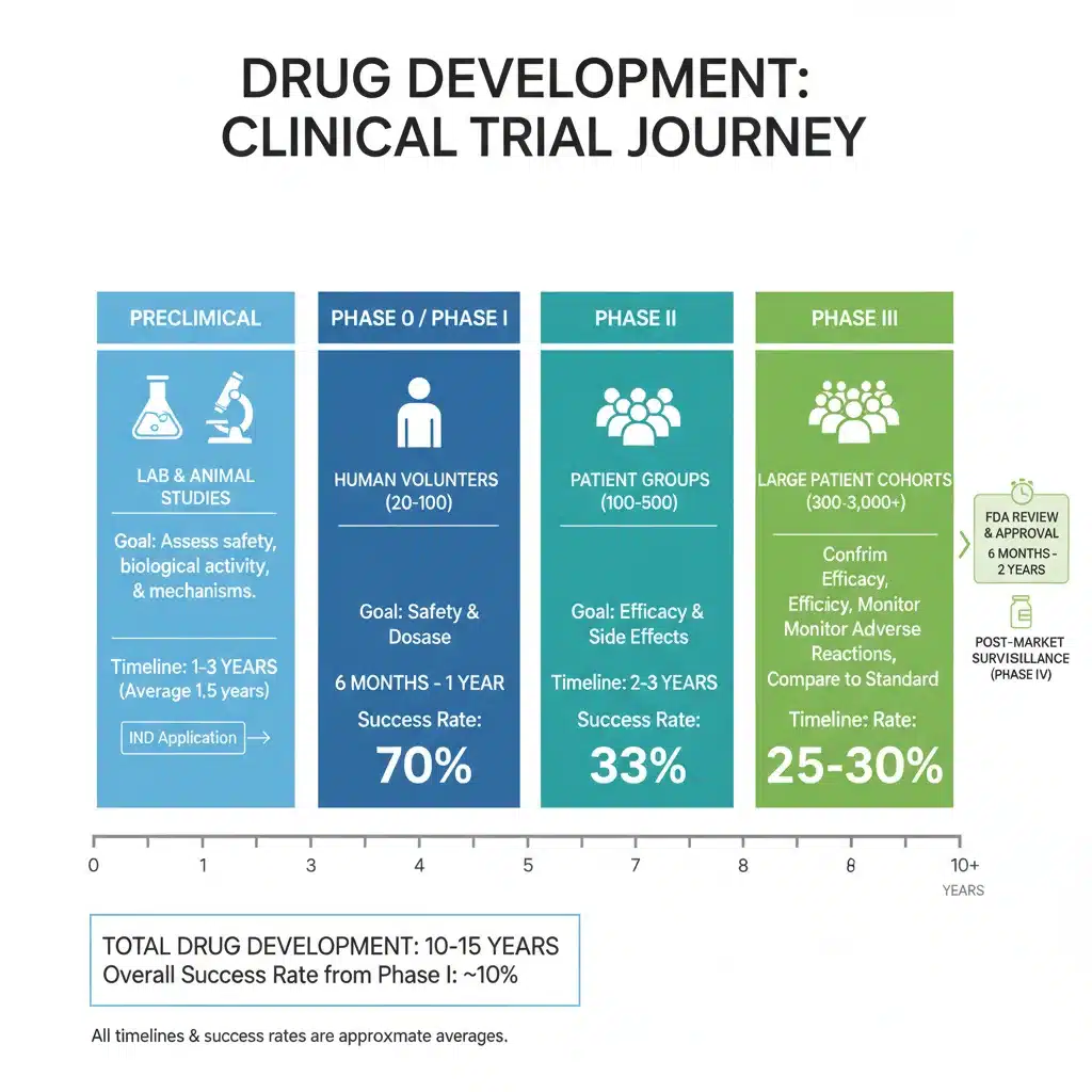 Infographic detailing the stages of clinical trials for drug development.