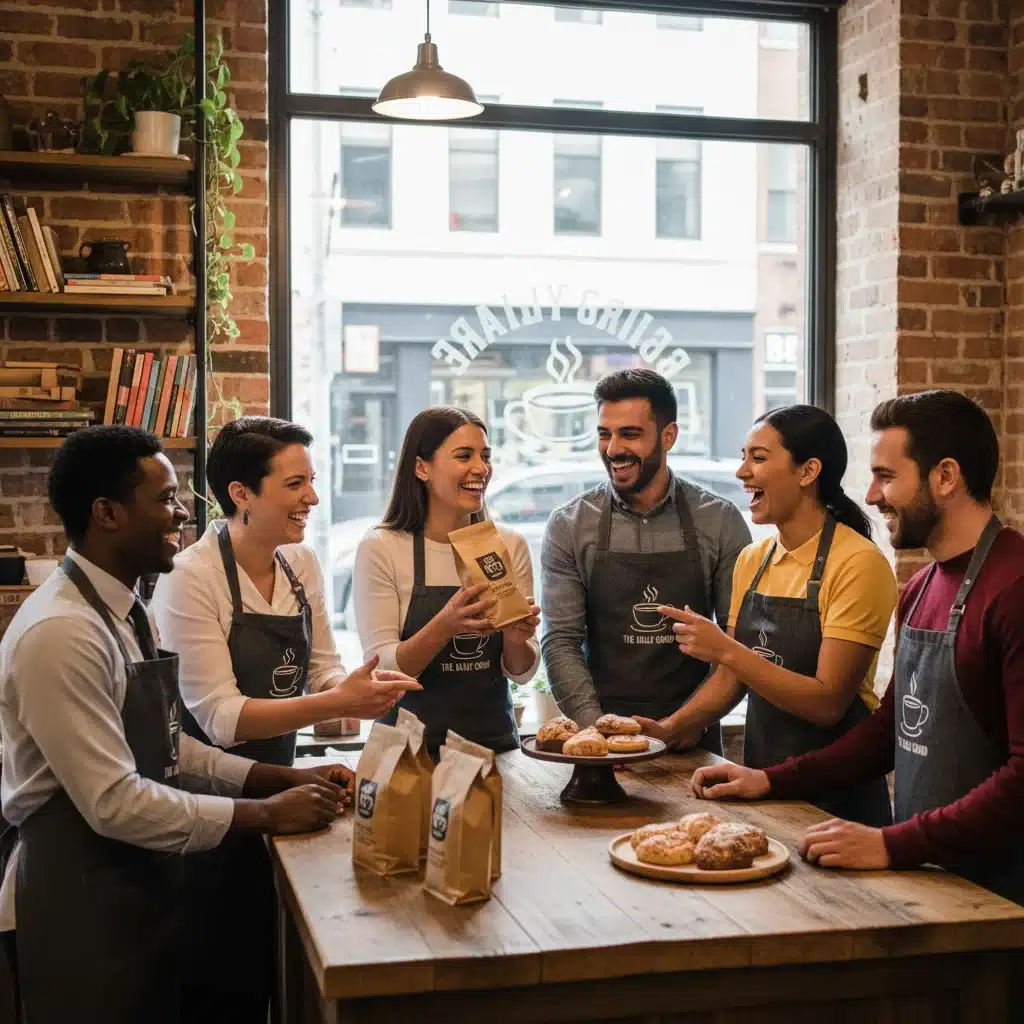 Happy small business employees working together after wage adjustments