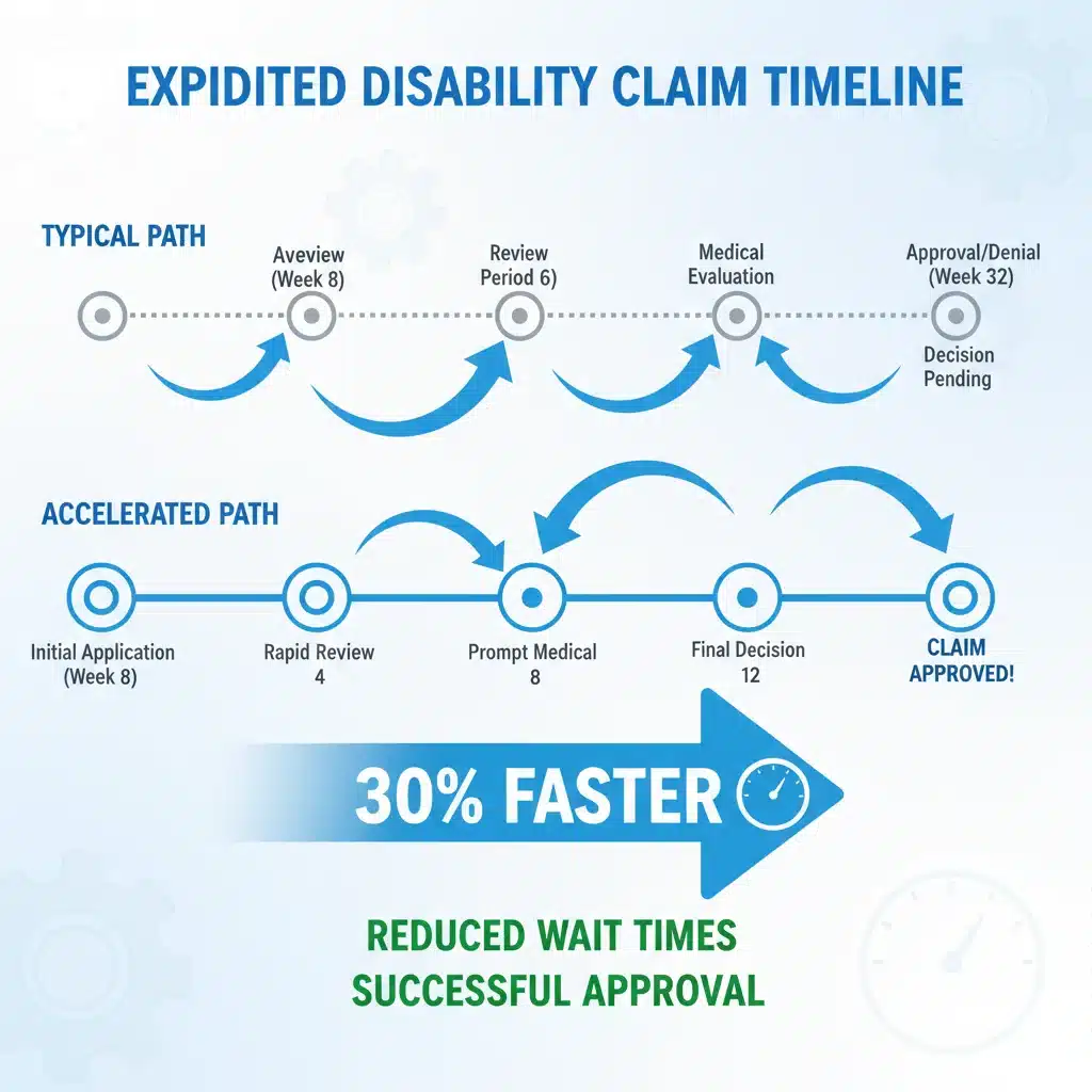 Visual timeline demonstrating reduced wait times for disability benefit approval.