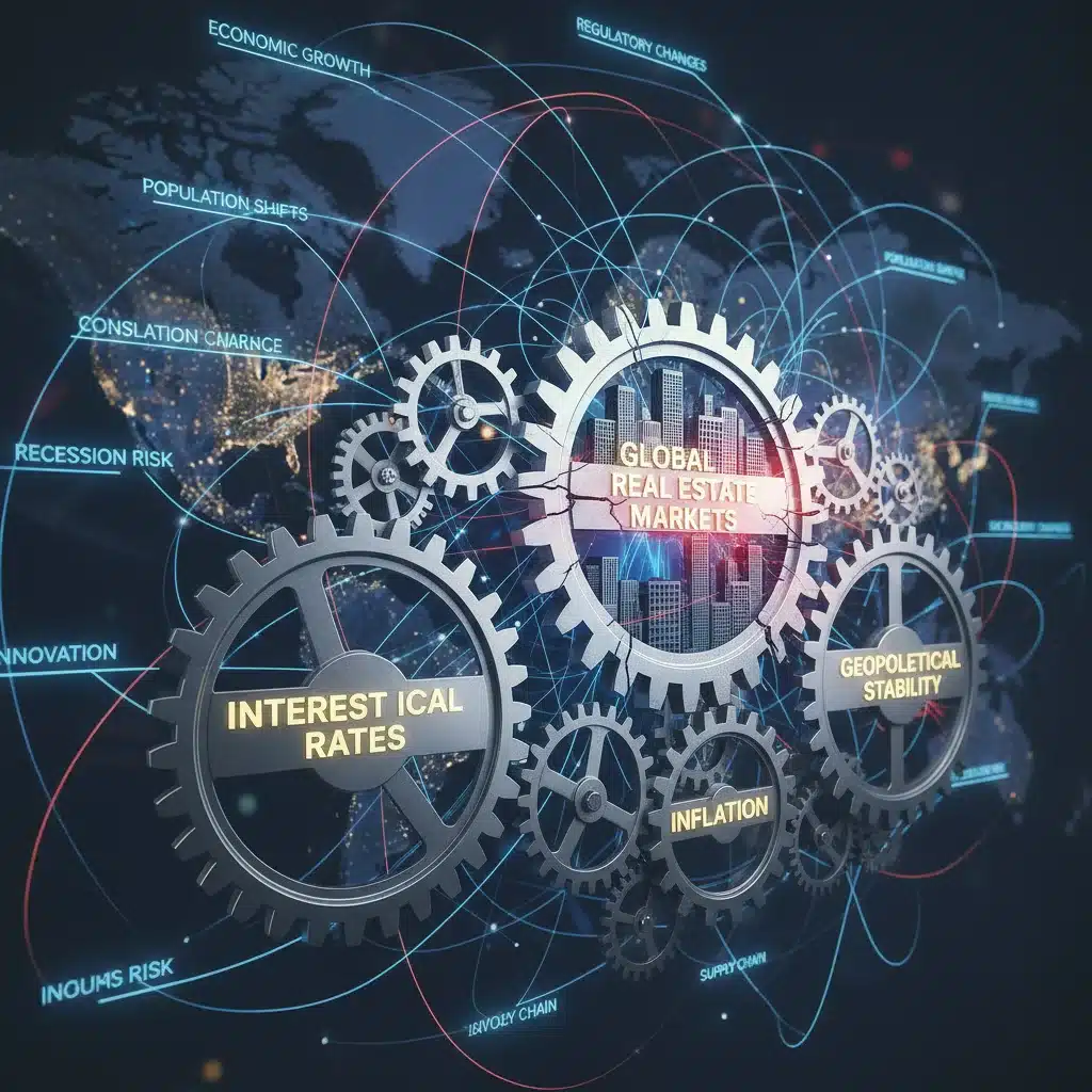Interconnected gears symbolizing global economic factors such as interest rates and inflation affecting real estate investment.
