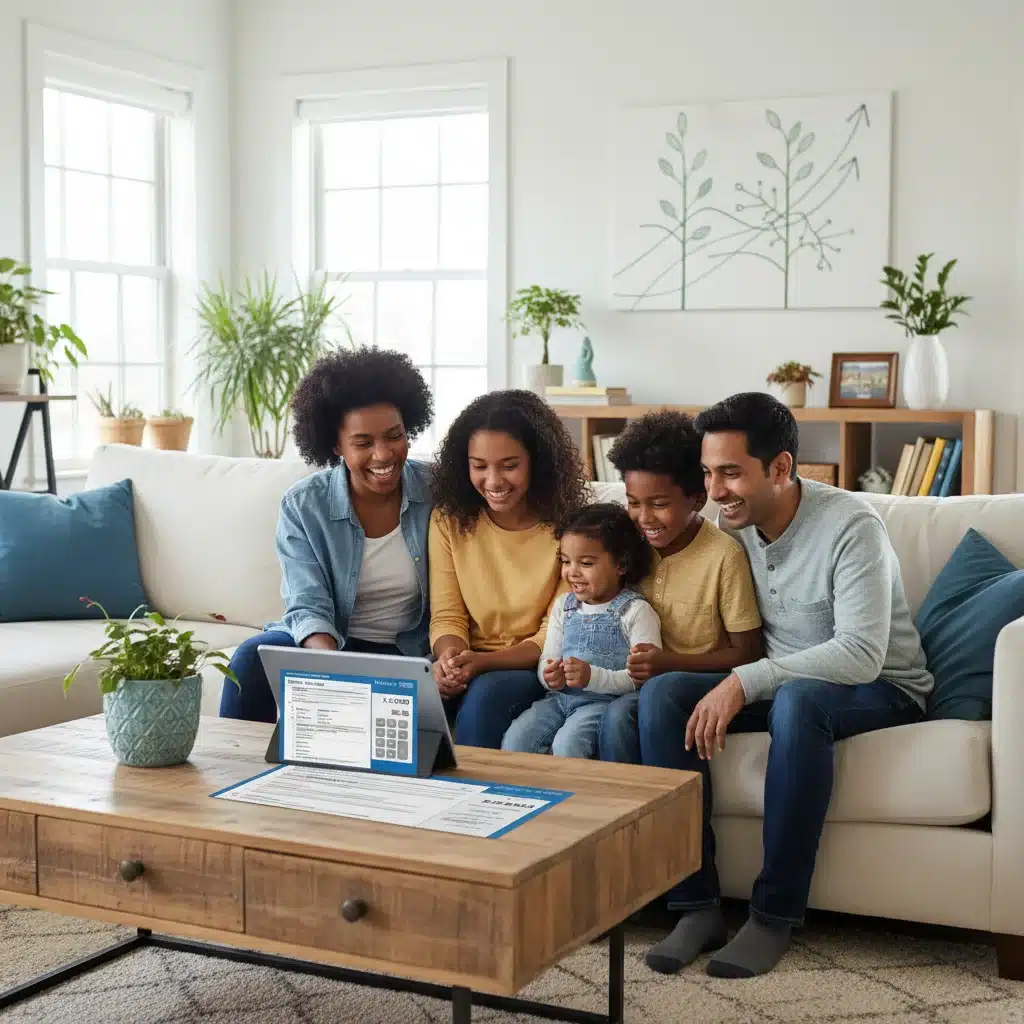 Happy family reviewing tax documents on a tablet, symbolizing successful EITC claim.