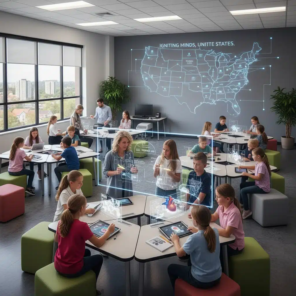 Students and teachers collaborating in a modern classroom, symbolizing new K-12 curriculum standards.