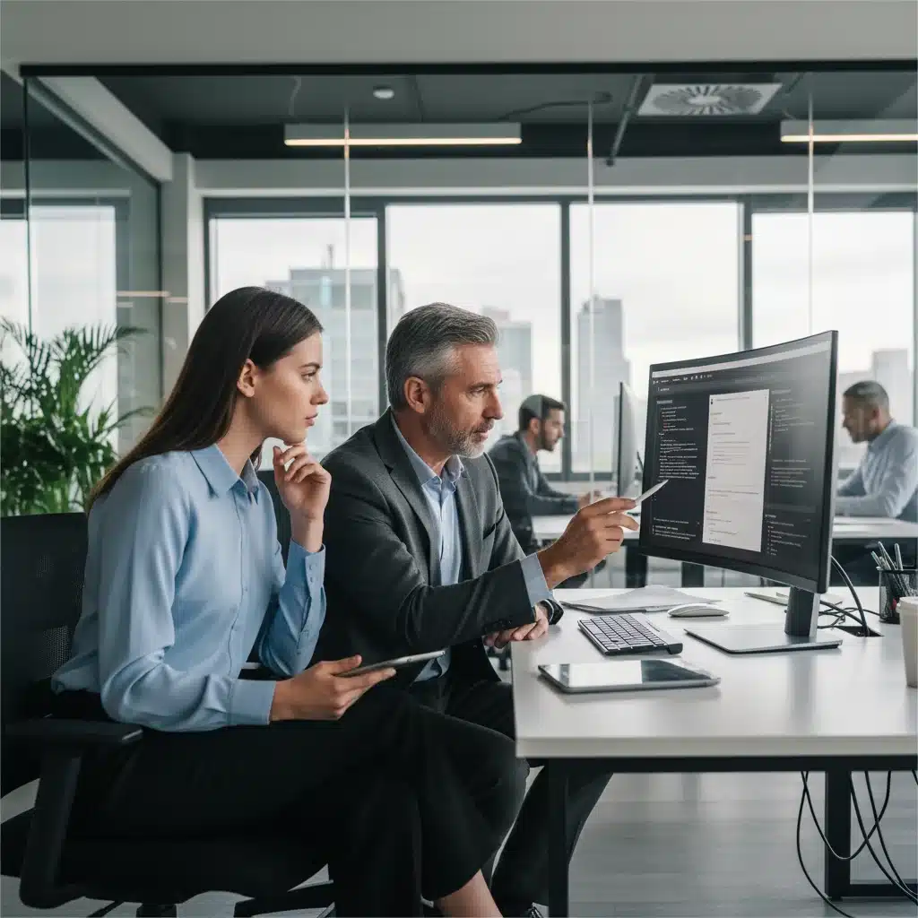 Mentor guiding an apprentice in a professional office setting.