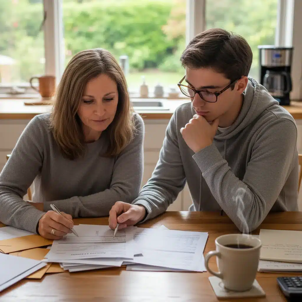 Parent and student discussing college finances and tuition costs.