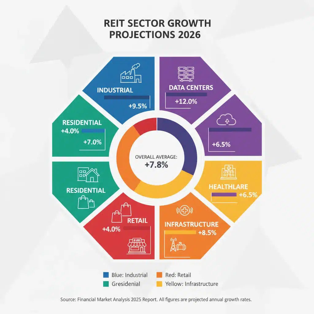 Infographic displaying diverse REIT sectors and their individual growth projections for the year 2026.