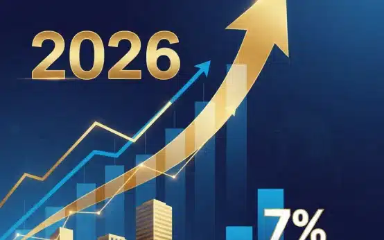 Financial charts showing positive growth with real estate buildings in the background, representing the 2026 REITs outlook and projected 7% returns.