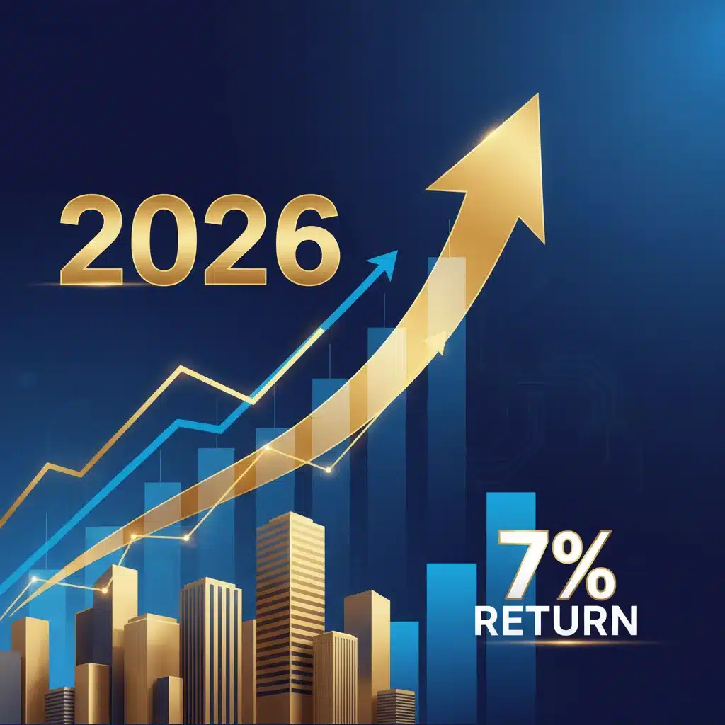 Financial charts showing positive growth with real estate buildings in the background, representing the 2026 REITs outlook and projected 7% returns.