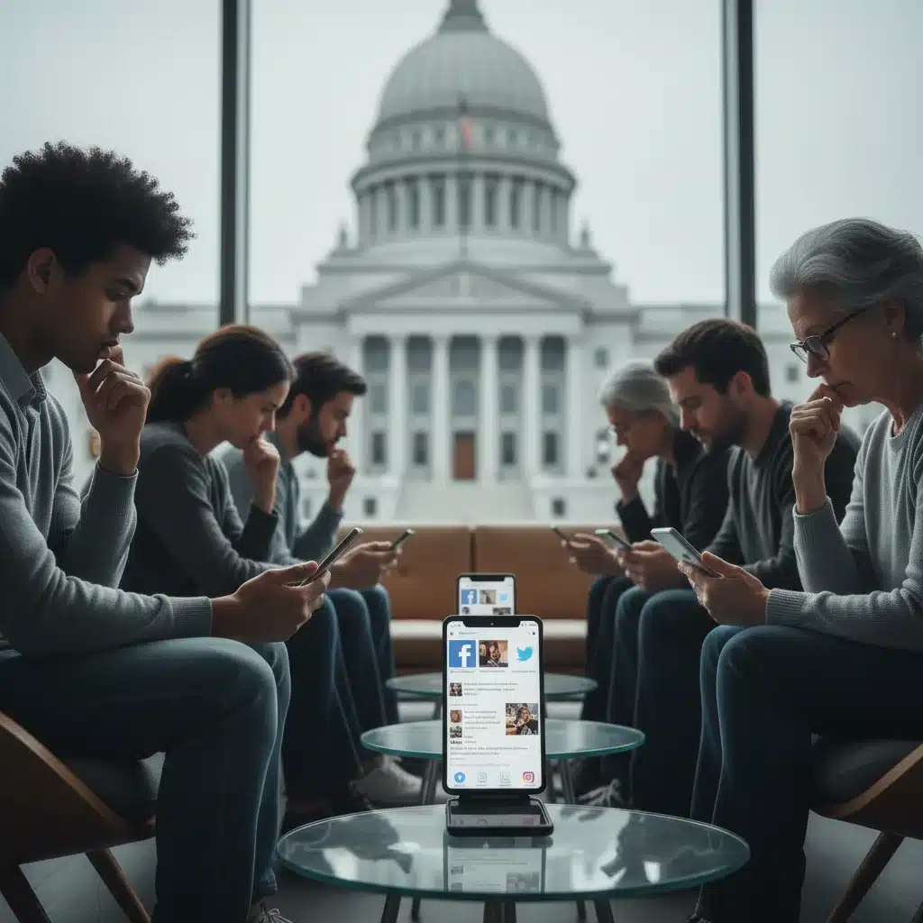 People using social media apps with a government building in the background, symbolizing social media accountability.