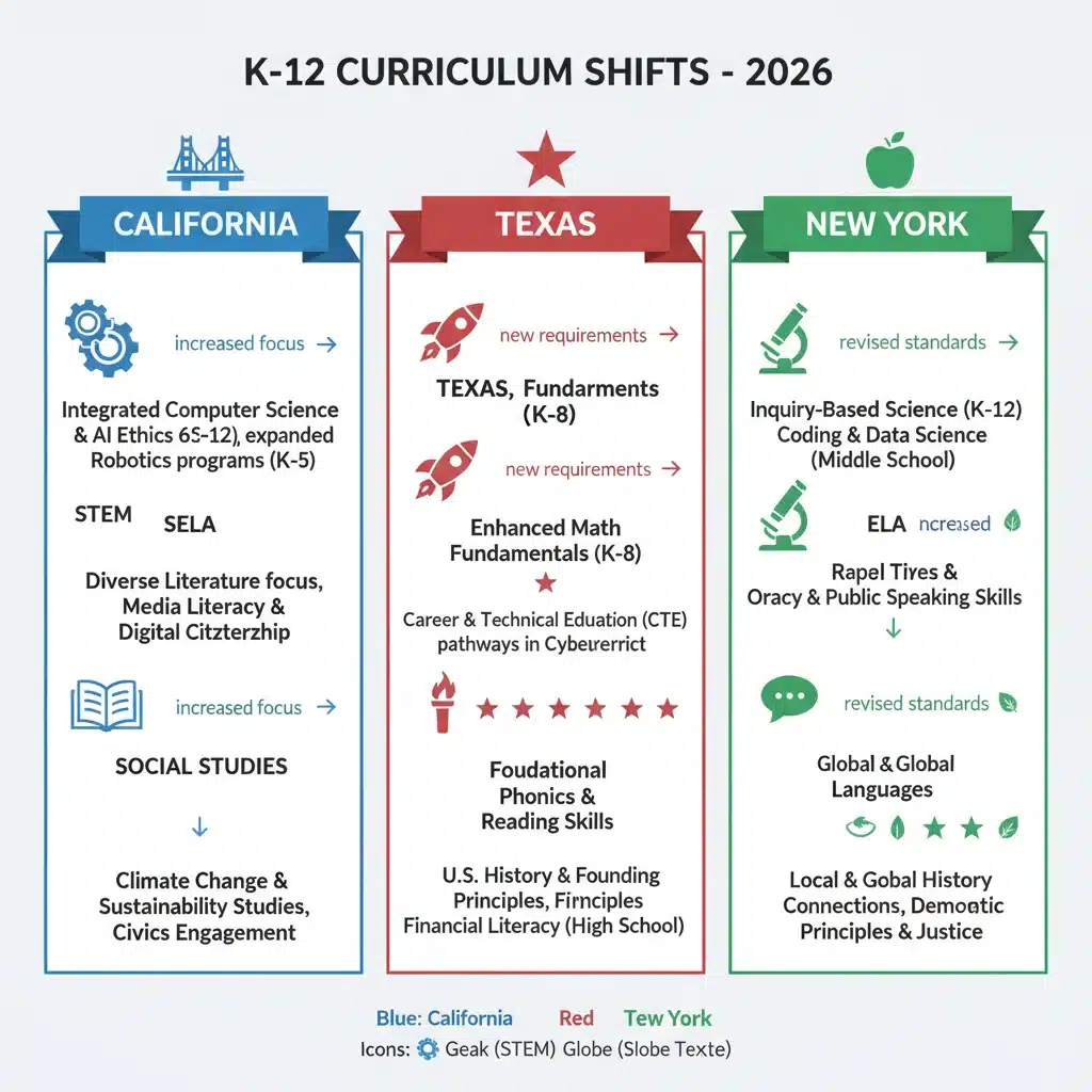 Infographic comparing K-12 curriculum changes in various states for 2026, highlighting subject area shifts.