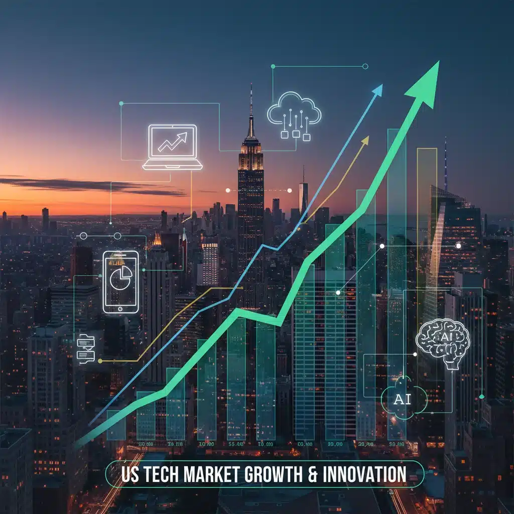 Digital illustration of tech growth with upward charts and city skyline