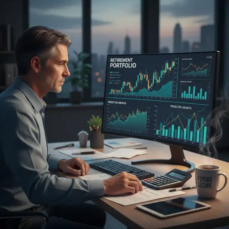 Financial professional analyzing 401k investment data on a computer screen for 2026 planning.