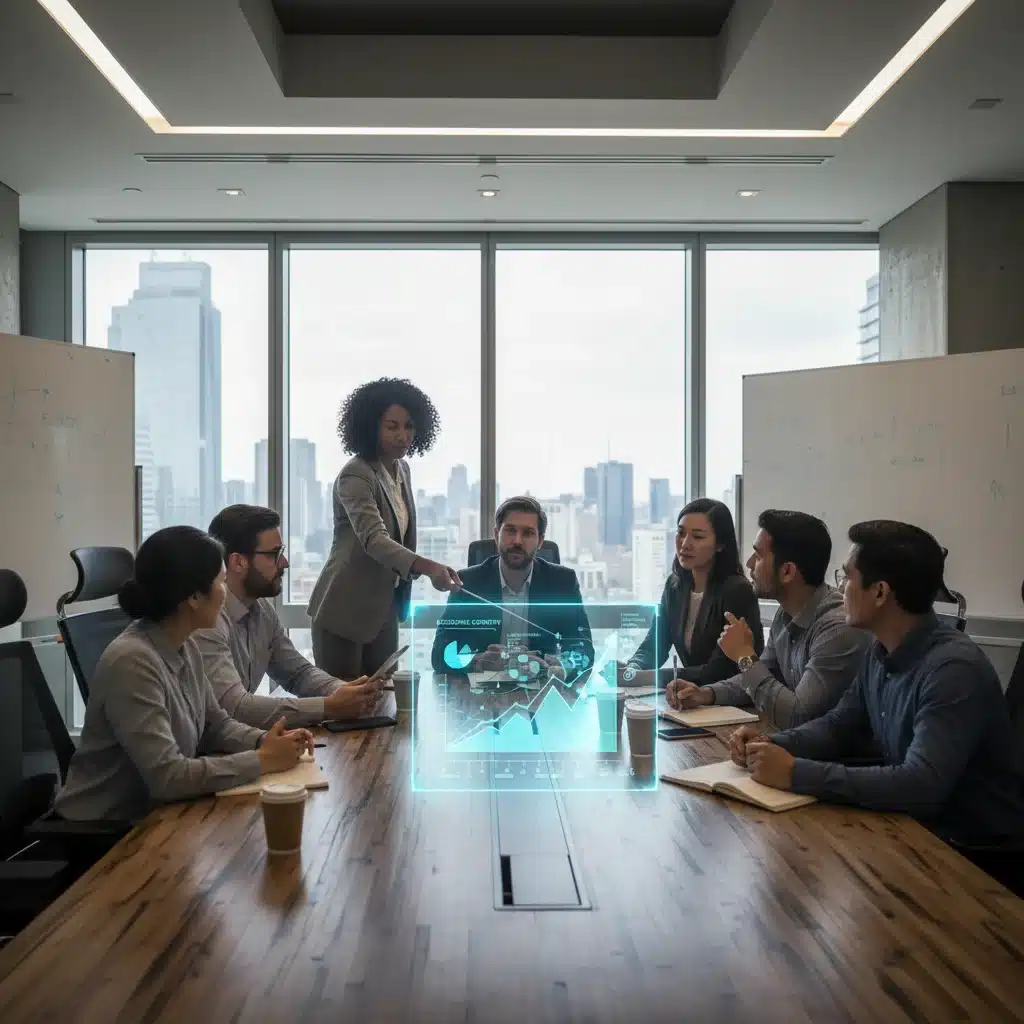 Professionals discussing AI policy and economic impact in a modern conference room.