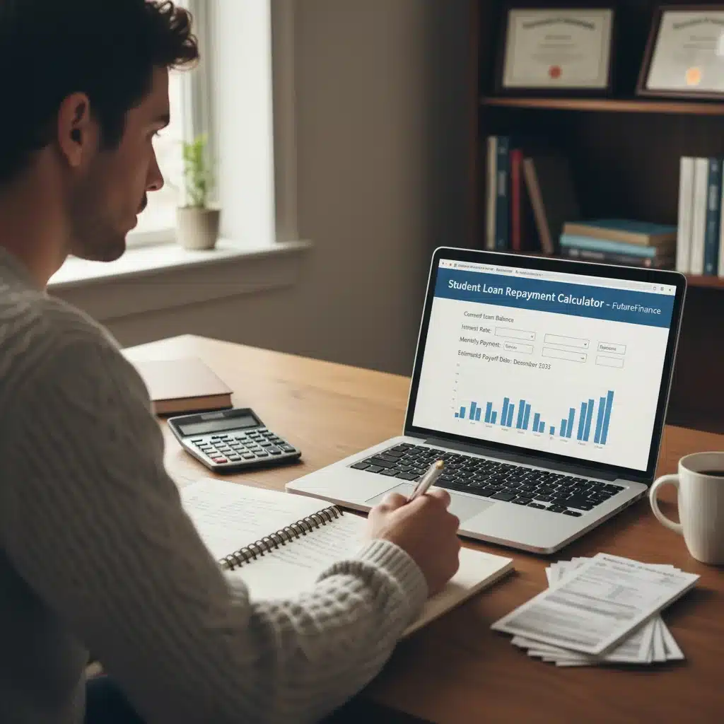 Individual calculating student loan repayment options on a laptop