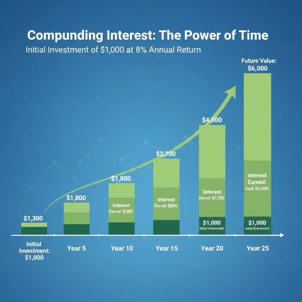 Illustration of compounding interest growth on retirement savings over decades.