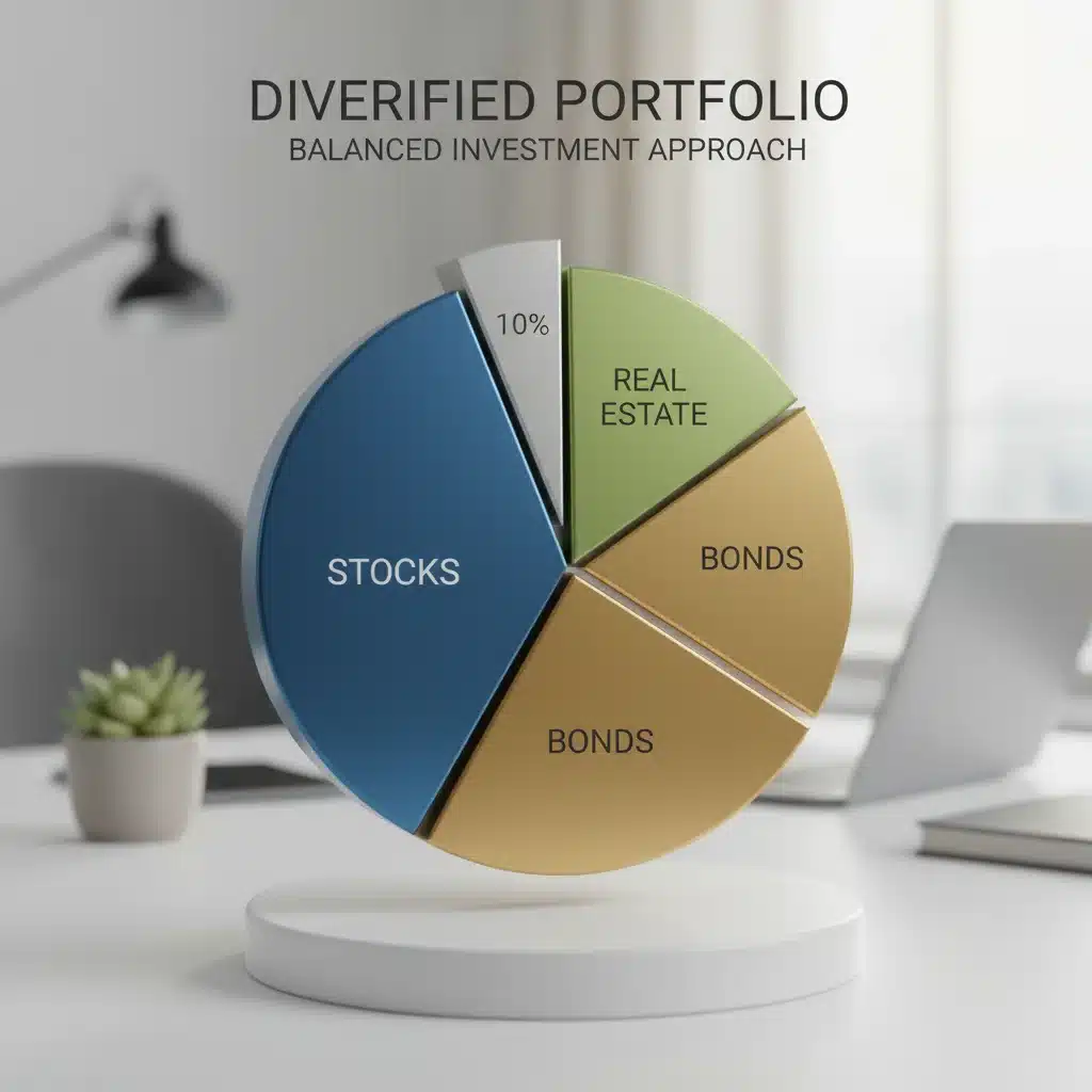 Diversified investment portfolio pie chart showing asset allocation for retirement.