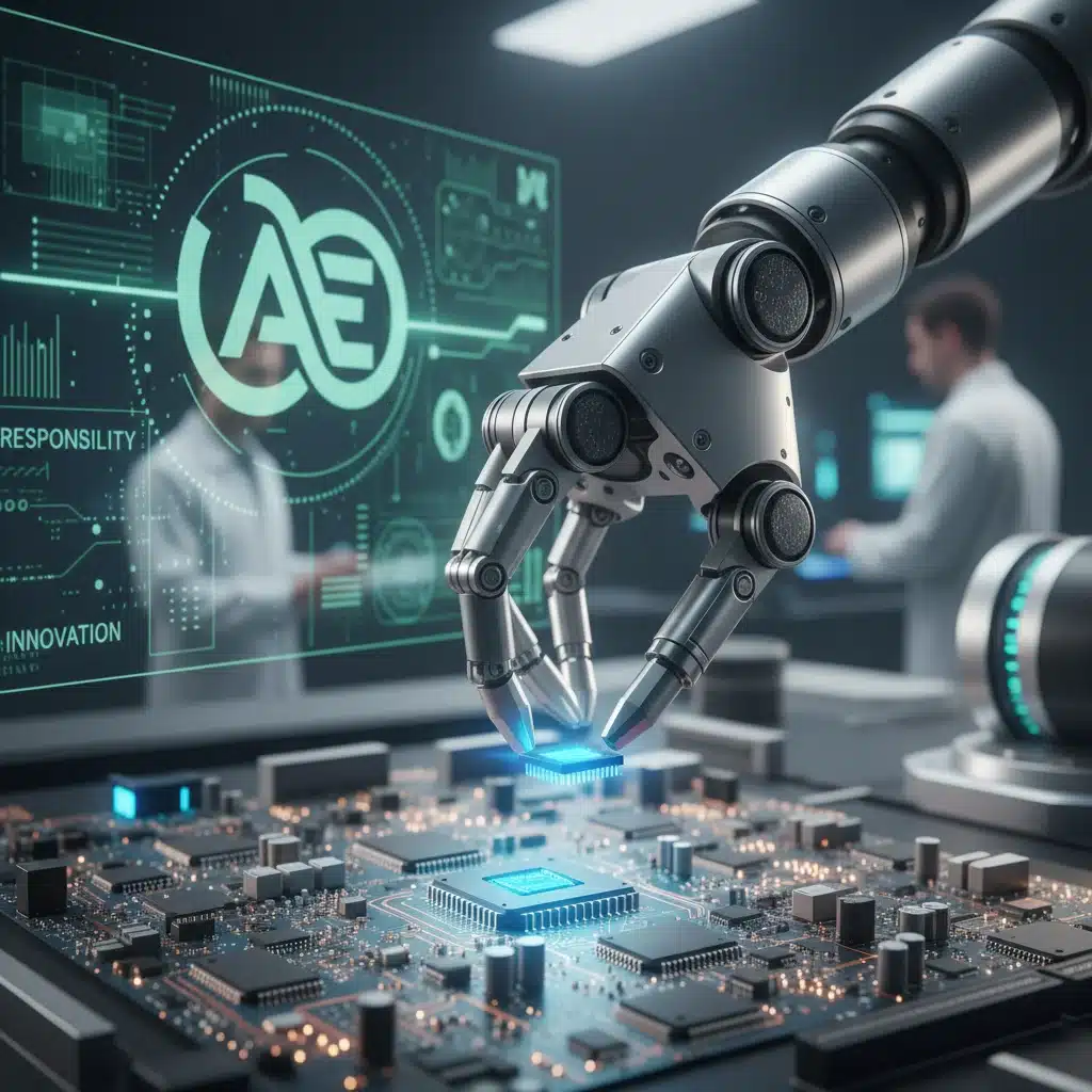 Robotic arm performing precision work, illustrating ethical AI development and responsible implementation.
