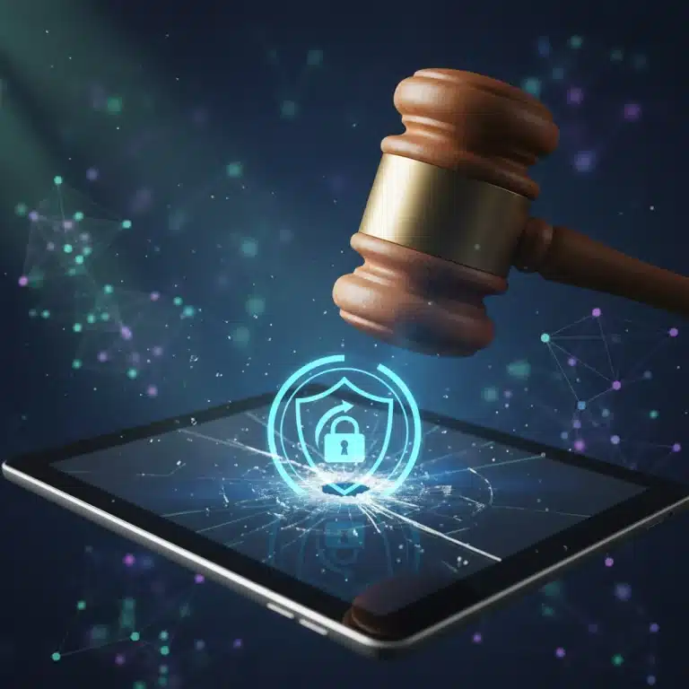 Gavel striking digital tablet, symbolizing new digital privacy laws.