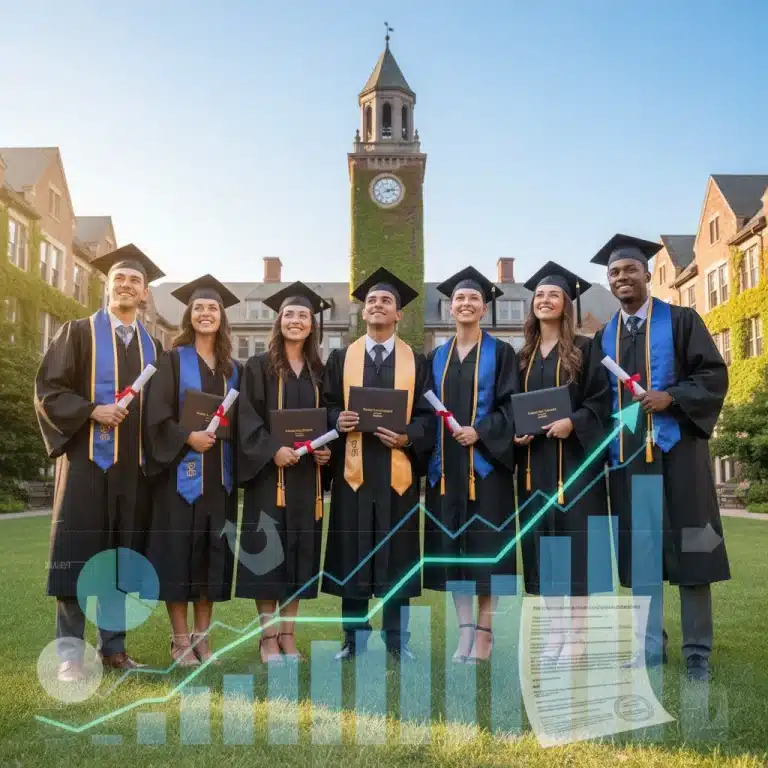 Graduates celebrating with financial charts symbolizing student loan repayment options