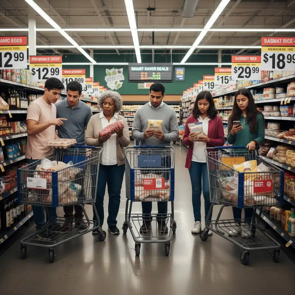 Shoppers observing increased grocery prices in a supermarket, reflecting inflation's effect on food costs.