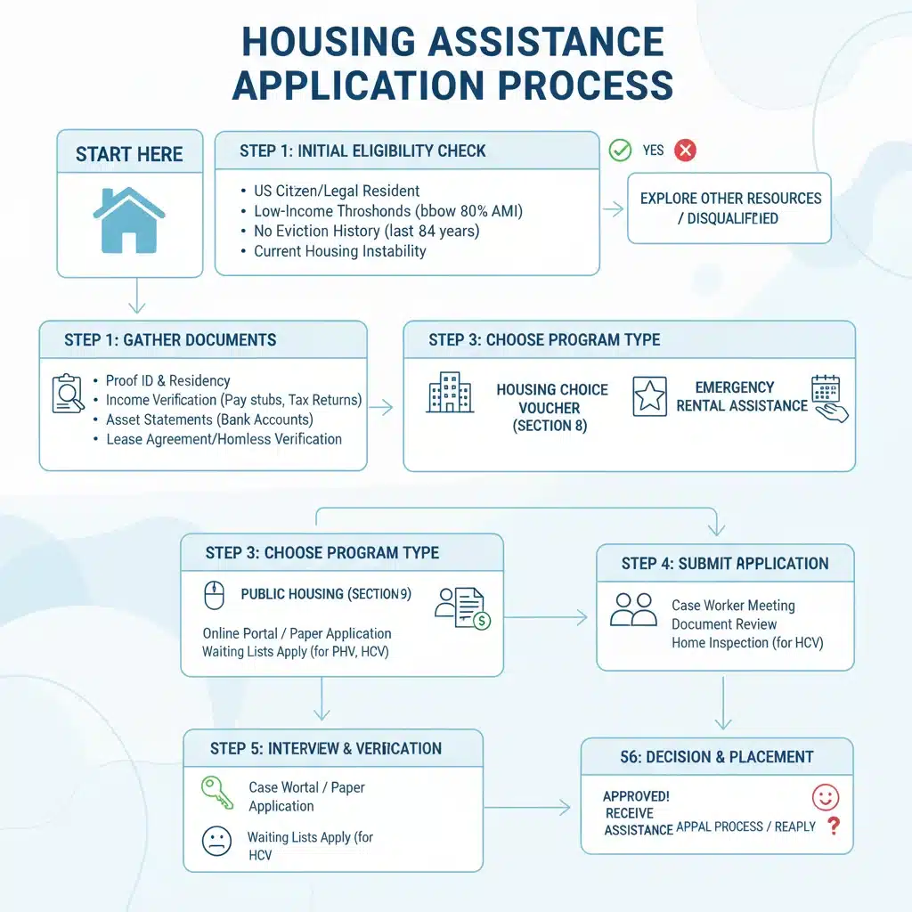 Infographic illustrating the step-by-step application process for housing assistance programs.
