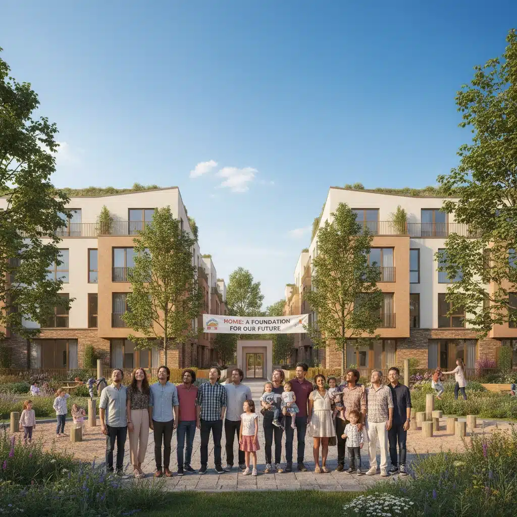 Families and individuals looking at a modern affordable housing complex, symbolizing hope and community.