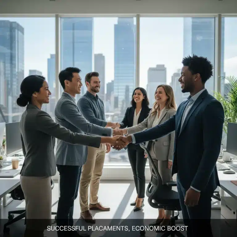 Professionals shaking hands, symbolizing job market success and economic improvement.