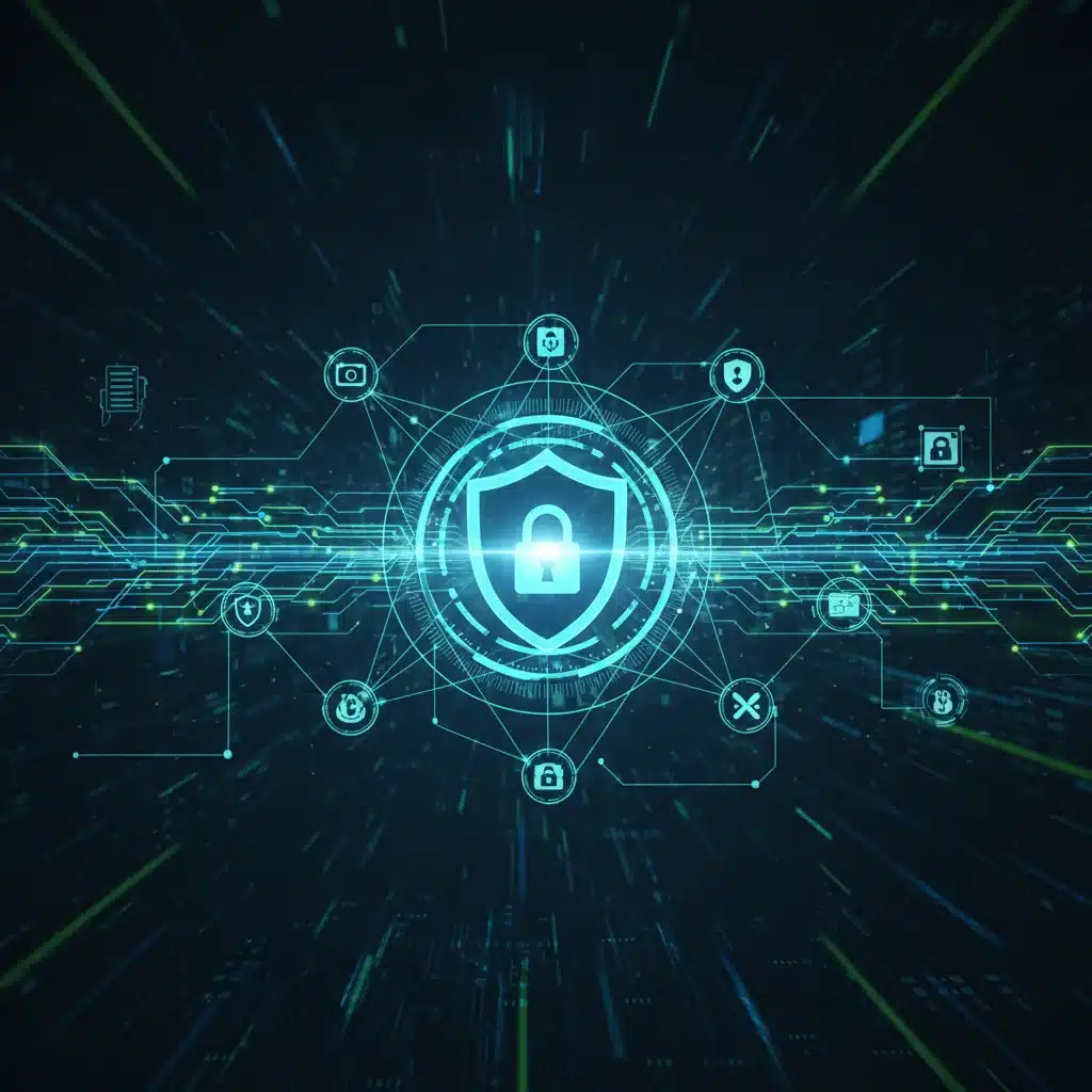Abstract representation of secure data network and cybersecurity.