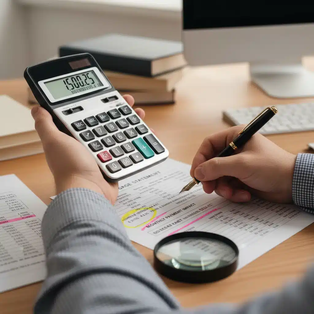 Person analyzing mortgage statement with calculator and pen.