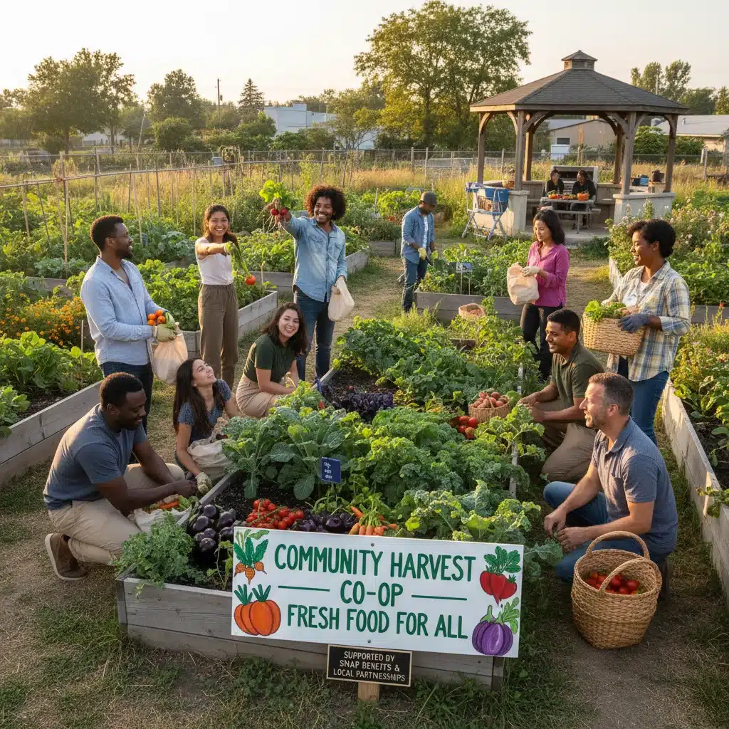 Community garden with people harvesting fresh produce, emphasizing healthy eating for SNAP recipients.