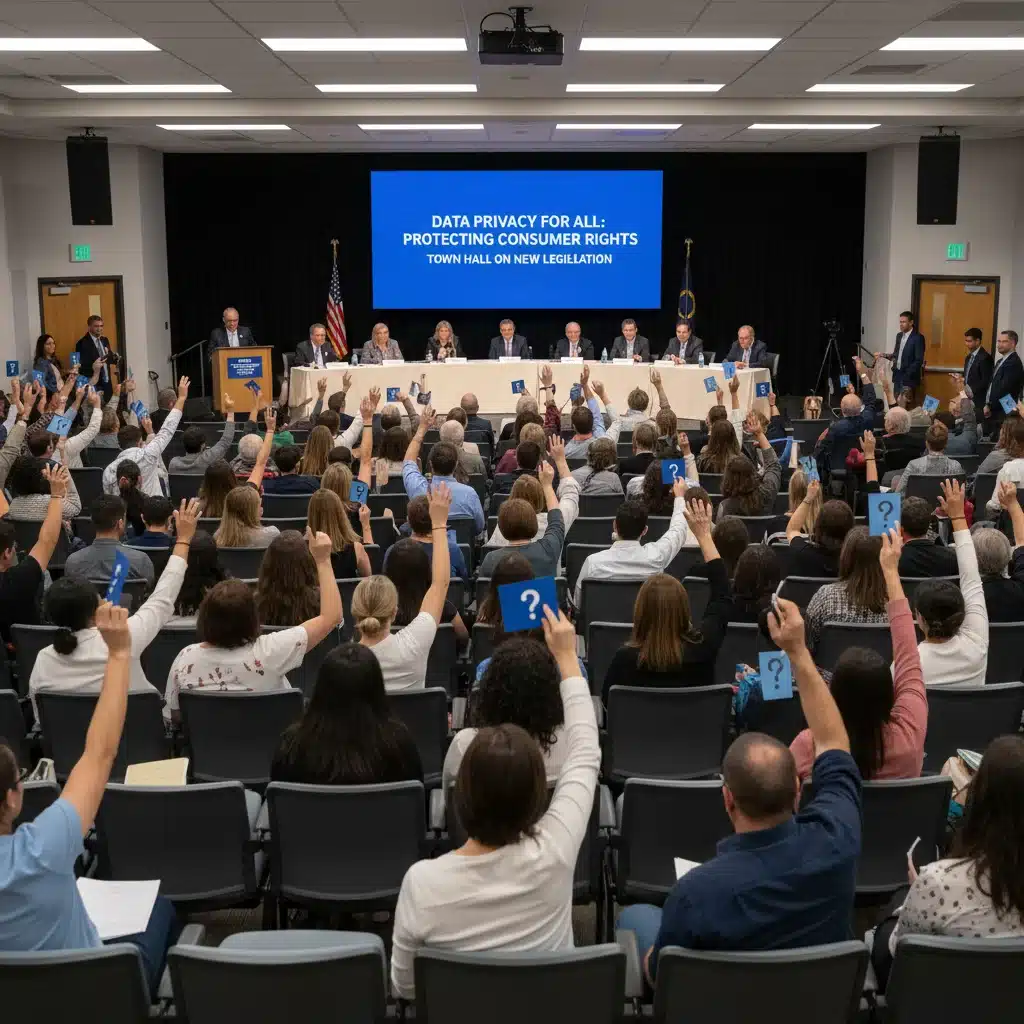 Diverse group in town hall meeting discussing consumer data privacy concerns